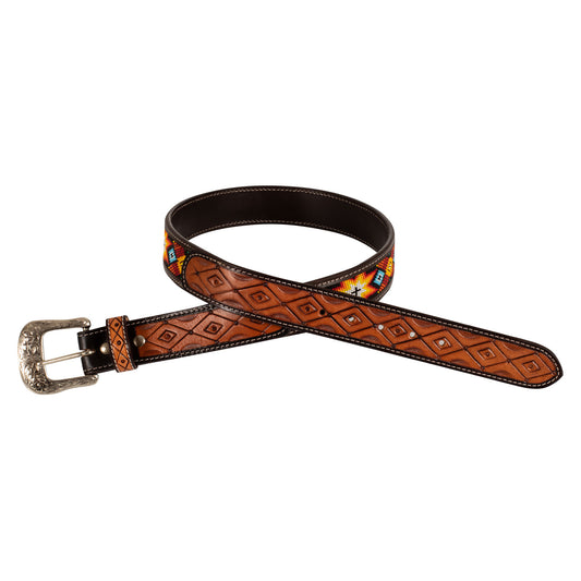 Pool's unisex western beaded leather belt and brass buckle PLU03003