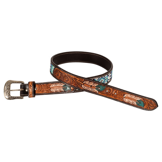 Pool's unisex western beaded leather belt with feather engraving PLU03001