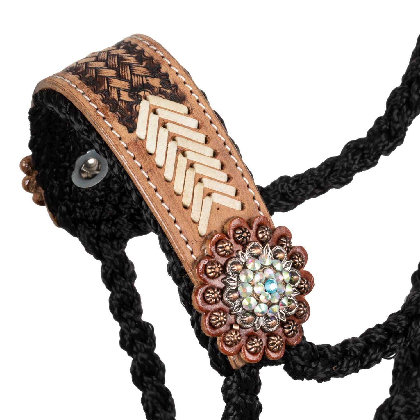 Pool's rope halter with  hand worked leather insert PLH03004