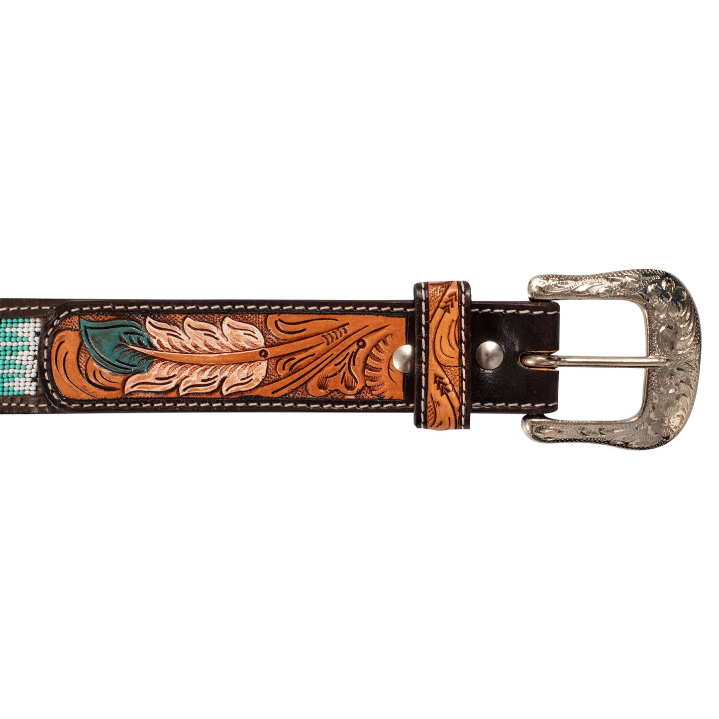 Pool's unisex western beaded leather belt with feather engraving PLU03001